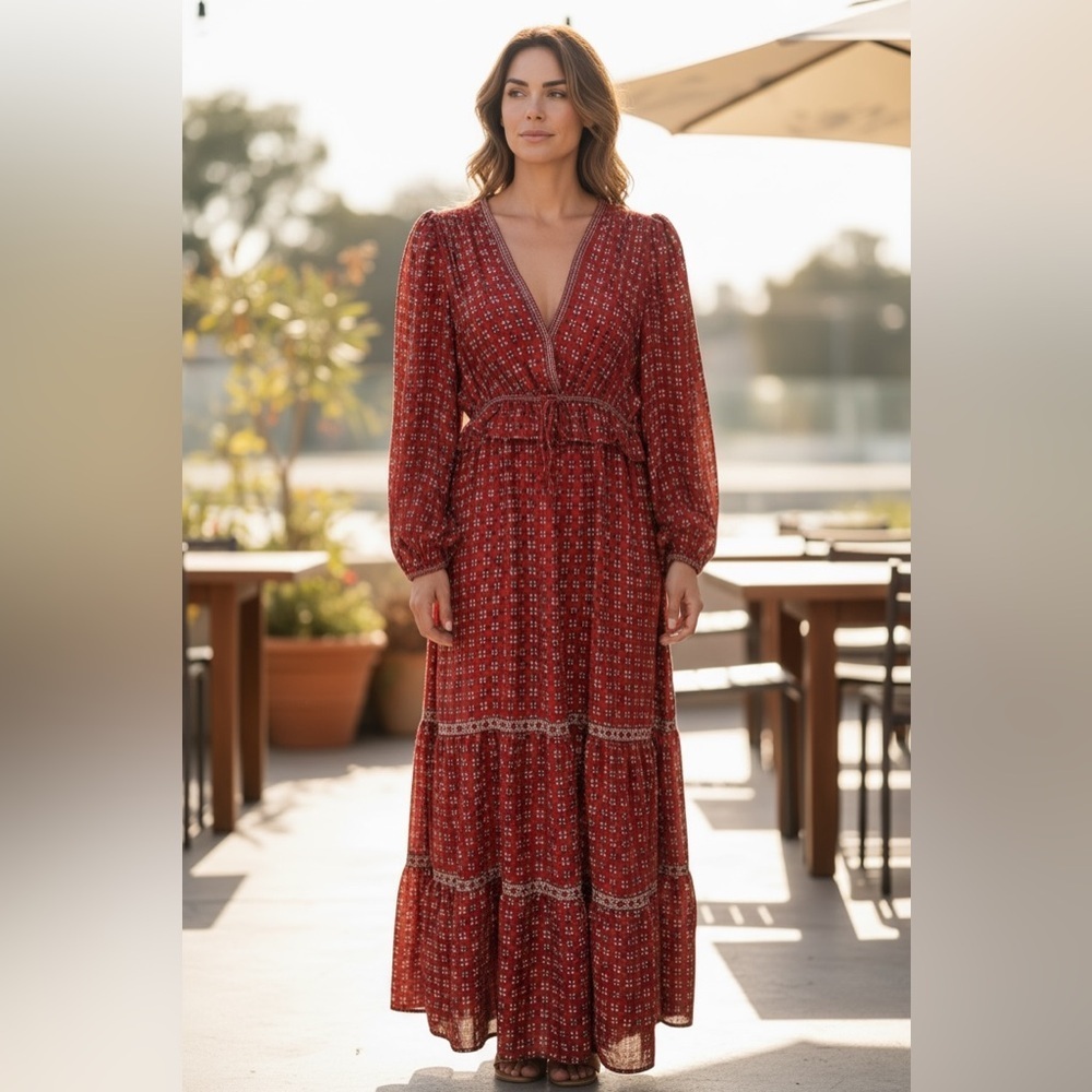 NEW, Max Studio, Red Boho Tiered Maxi Dress Long Sleeve, Size S